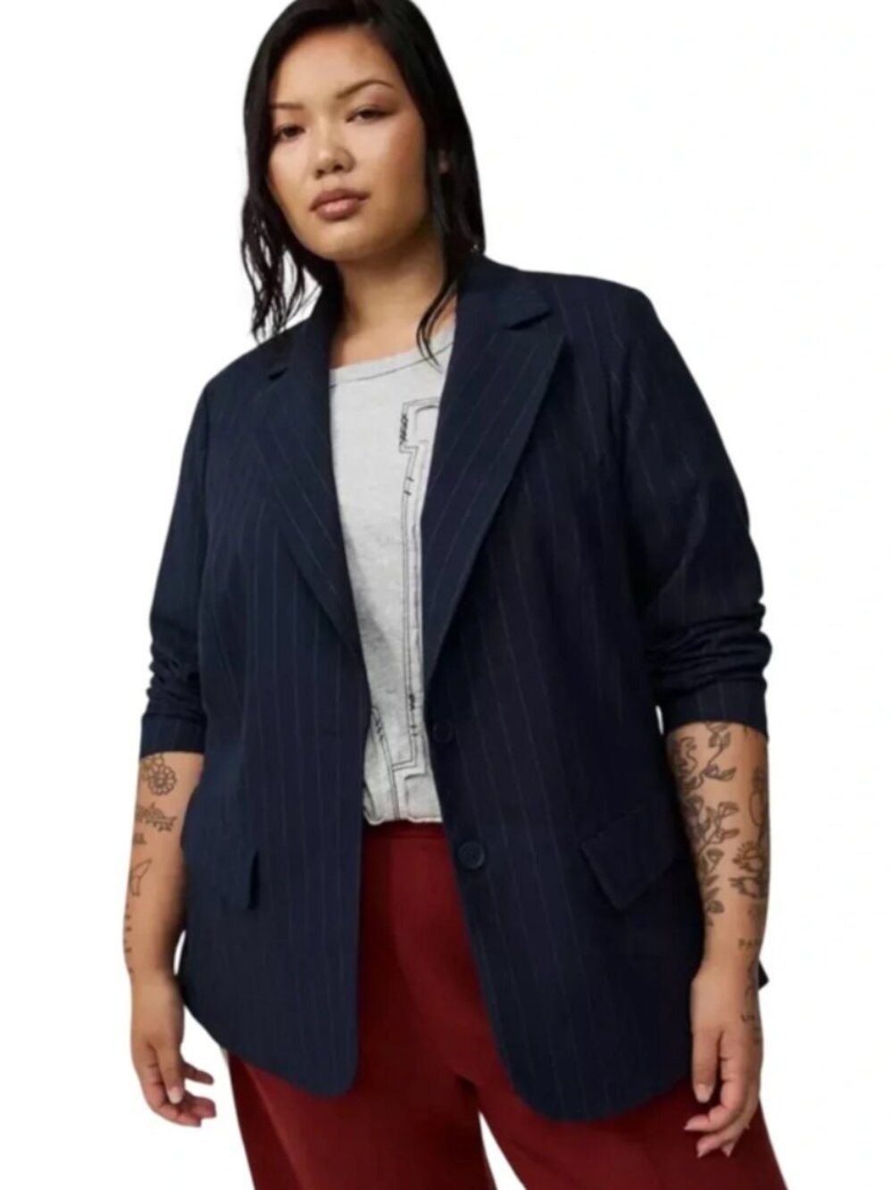 Torrid New Navy w/ White Pinstripe Studio Women's Suit Blazer Size 0/12 - Picture 14 of 15